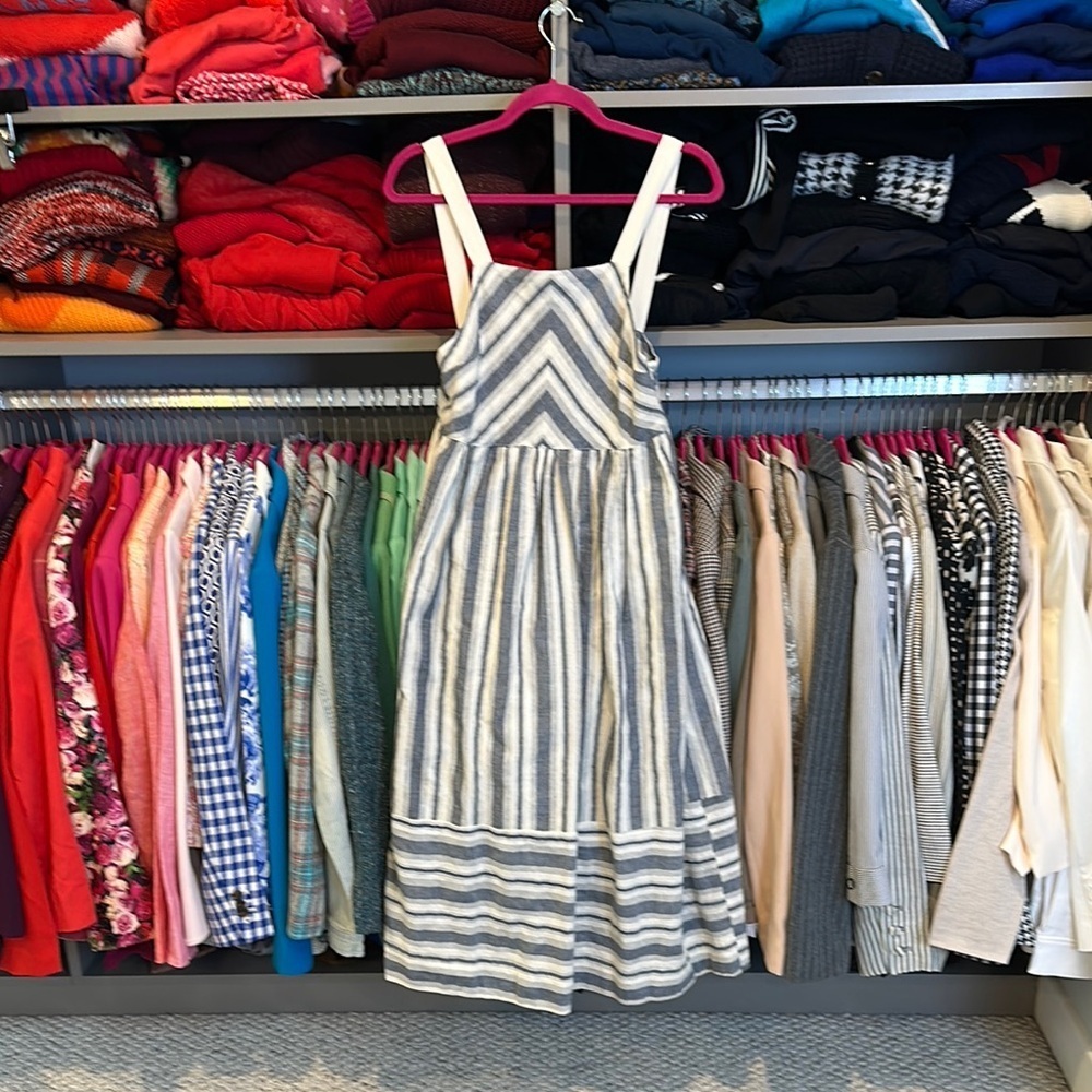Ciel 100% linen navy and ivory striped lined midi dress size S